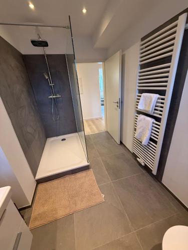 a shower with a glass door in a bathroom at Rue118 in Essen