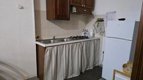 a kitchen with a sink and a white refrigerator at Casa Nicole in Assemini