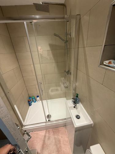a bathroom with a shower and a sink at North Birmingham in Holly Lane