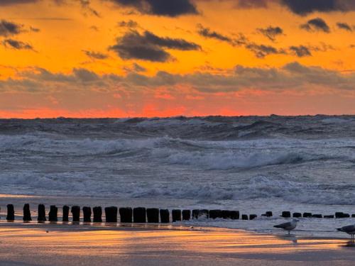 a sunset over a beach with waves and a pier at Apartament Mika Let's Sea 73 Tuż przy plaży, klimatyzacja, basen in Gąski