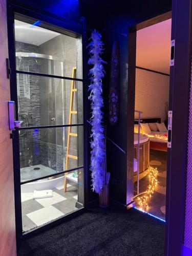 a room with a glass door with a purple plant at SECRET LOVE studio in Ełk
