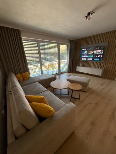 a living room with a couch and a tv at ApartmanBrezovina217 in Veselé