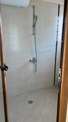 a shower in a bathroom with a glass door at Hotel Veronika Devin in Devin