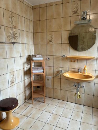 a bathroom with a sink and a mirror at Ferienwohnung "Casa Horife" in Konz