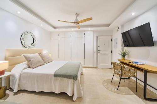 a bedroom with a bed and a desk and a television at Malagueta Loft & Sea in Málaga
