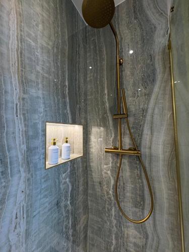a bathroom with a shower with two soap bottles at Hôtel Sofiane in Paris