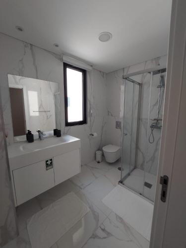 a bathroom with a shower and a sink and a toilet at Visconde II F in Ribeira Brava