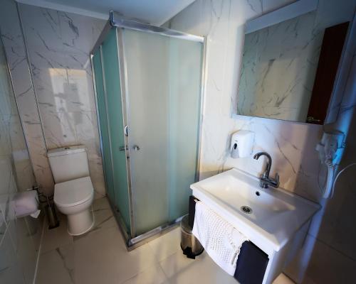 a bathroom with a shower and a sink and a toilet at Sarı Köşk Hotel in Rize