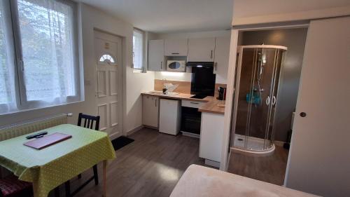 a small kitchen with a table and a shower at Résidence L'IDEALE in La Roche-Posay