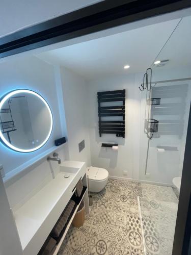 a bathroom with a sink and a toilet and a mirror at Aplusstudio in Zottegem