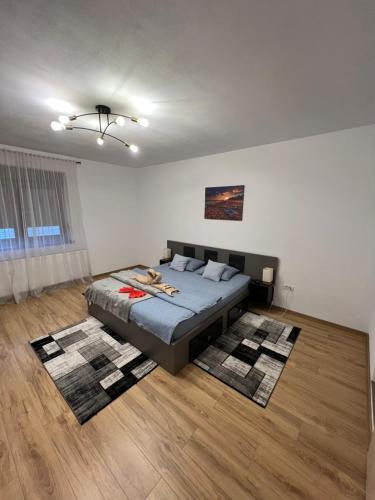a bedroom with a bed and rugs on the floor at Emanuela Apartments in Pecica Veche