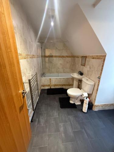 a bathroom with a toilet and a bath tub at Comfort Arena in Colchester