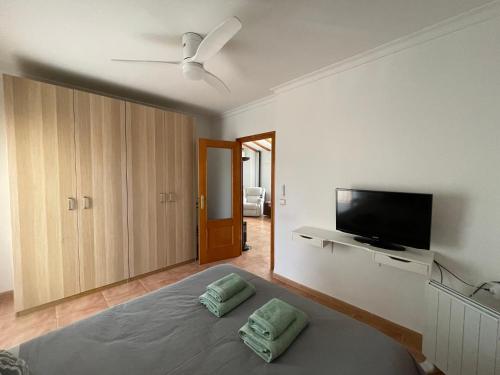 a bedroom with a bed and a flat screen tv at Ca Ona in Chella