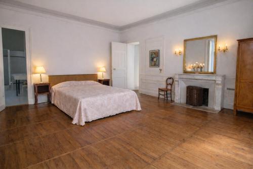 a large bedroom with a bed and a fireplace at L'intemporel, gîte de charme pour 4 à 5 personnes in Saint-Gervais-la-Forêt