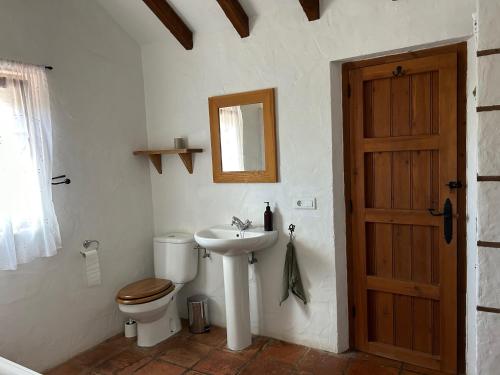 a bathroom with a toilet and a sink and a door at Casa Olivo in Casarabonela