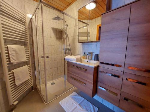 a bathroom with a shower and a sink at Ferienhof Hochbrandt in Spital am Pyhrn