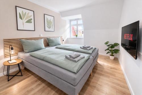 a bedroom with a bed and a tv in it at Larooms Merseburg - Apartment CS01 - 3 Zimmer, 7 Betten, 2 Bäder, 2 Parkplätze, Balkon & Aufzug in Merseburg