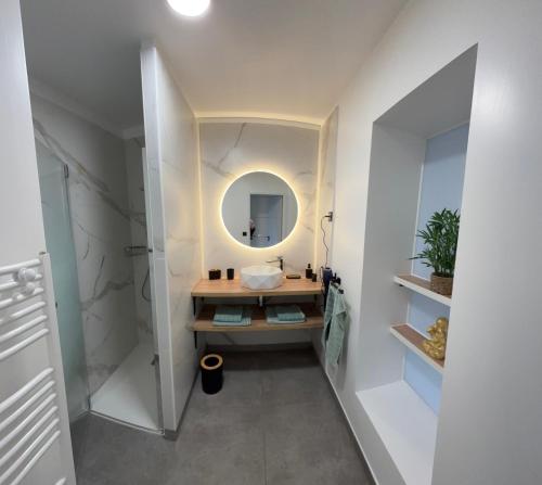 a bathroom with a sink and a mirror at L Orée des Thermes in Saint-Amand-les-Eaux