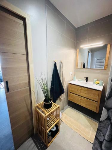 a bathroom with a sink and a mirror at Maison familiale La Casa de la Cayote in Formiguères