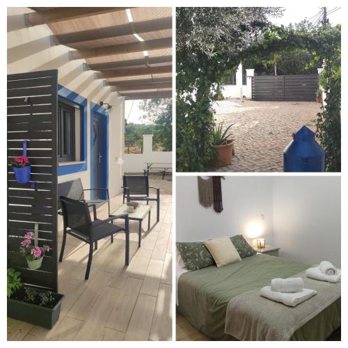 a collage of photos with a bedroom and a patio at Casa do Belé in Faro