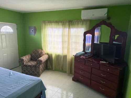a bedroom with a dresser with a mirror and a chair at Reggae Moon Guesthouse in Falmouth