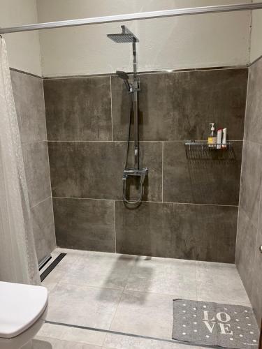 a shower in a bathroom with a toilet at Villa Paula II in Ranchos