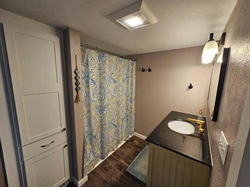 a bathroom with a sink and a shower at Moores Crystal Mountain Retreat in Thompsonville