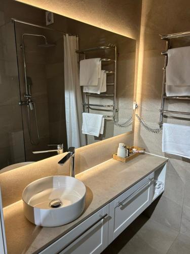 a bathroom with a white sink and a mirror at Fisherman in Kyiv