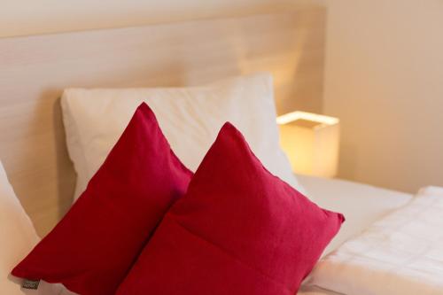 a group of red pillows sitting on a bed at Villa Marienhof in Annenheim