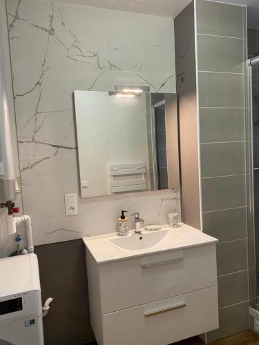a bathroom with a white sink and a mirror at Appartement Escale Roz Pleine vue sur le Port in Perros-Guirec