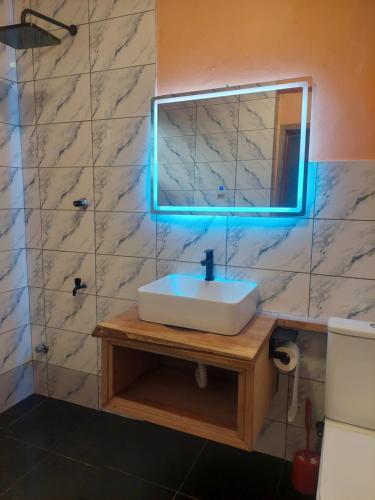 a bathroom with a white sink and a mirror at Dizzy Lizzies Beach House Resort in Kokrobite