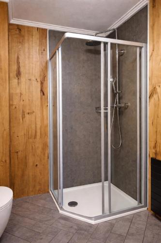 a shower with a glass door in a bathroom at Stadtappartement Saalfelden in Saalfelden am Steinernen Meer