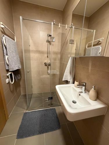 a bathroom with a sink and a glass shower at V71A Kauno Centre in Kaunas