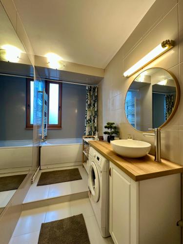 a bathroom with a sink and a washing machine at Cozy Apartment D&D in Topliţa
