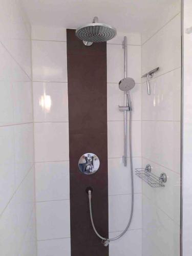 a shower with a shower head in a bathroom at Ferienwohnung am Eichenpark, Lüneburger Heide in Egestorf