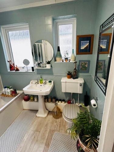ein Badezimmer mit Waschbecken, Toilette und Spiegel in der Unterkunft Murray Road in Rugby