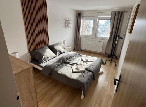 a bedroom with a bed and a window at Aldrovské Trio in Vítkovice
