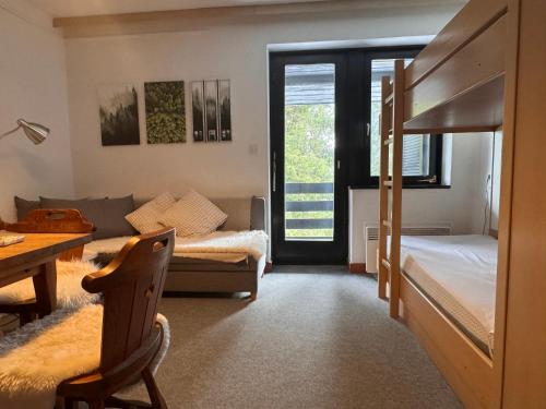 a bedroom with a bunk bed and a desk at Rogla Gaber Studio in Zreče