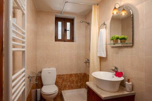 a bathroom with a white toilet and a sink at Drys Stone House in Miriokéfala