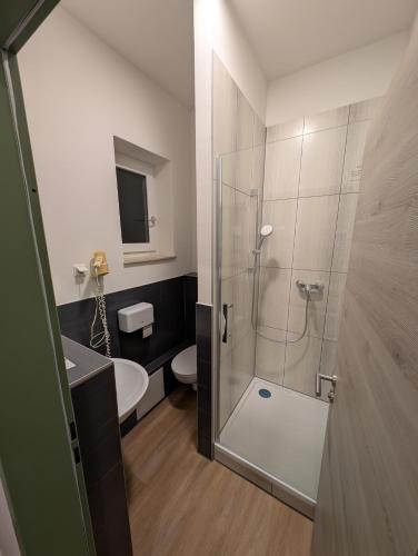 a bathroom with a shower and a toilet and a sink at Hotel Shiva in Maingründel