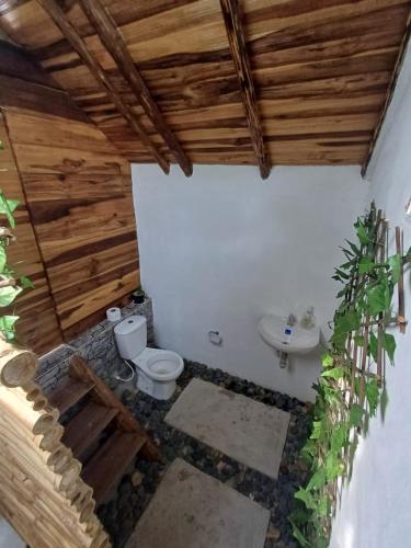 a bathroom with a toilet and a sink at Cabañas Buenos aires in Guadalupe