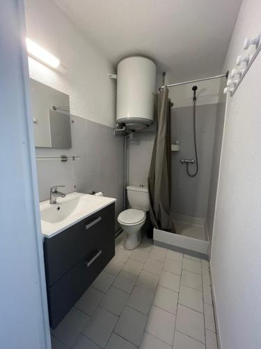 a bathroom with a sink and a toilet and a shower at appartement vue mer in Frontignan