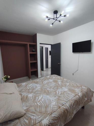 a bedroom with a large bed and a flat screen tv at Departamento a 3 min de Playa Miramar in Ciudad Madero