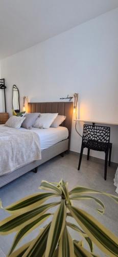 a bedroom with a bed and a chair and a plant at Casa42 aconchego perto de Florianópolis in Palhoça