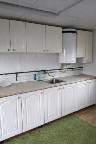 a kitchen with white cabinets and a sink at Autocamp Kosmonosy in Mladá Boleslav