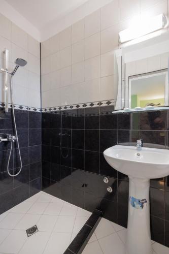 ein Badezimmer mit Waschbecken und Dusche in der Unterkunft Trafi Em in Sofia