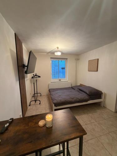 a bedroom with a bed and a table in it at Studio v Aldrovském Triu in Vítkovice