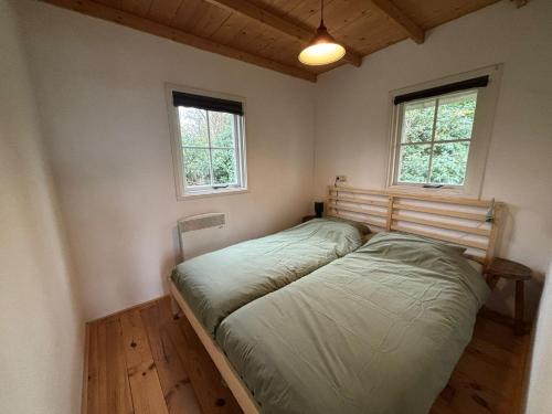 a bedroom with two beds and two windows at Vakantiehuis - De Smidse in Haren