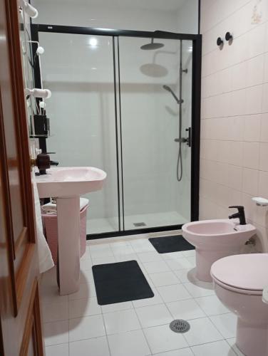 a bathroom with a shower and a sink and a toilet at Salvora in Bueu