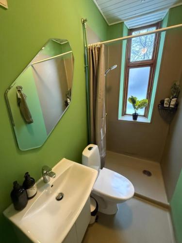a bathroom with a sink and a toilet and a mirror at Greenbrook - Black Suite in Aalborg